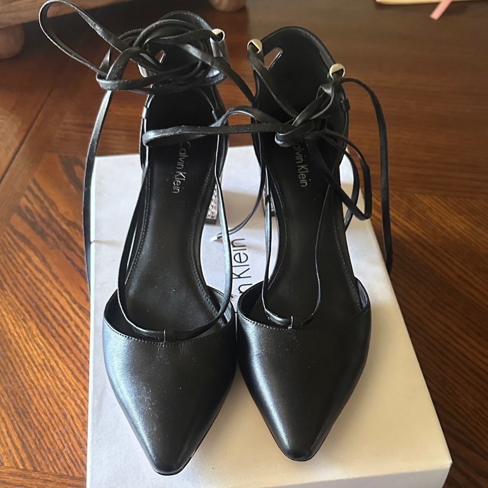 Calvin Klein Black Pointed Ankle-Tie Pumps with Wrap Straps
